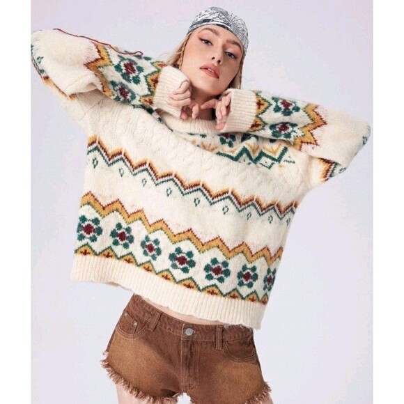 NWT Cider Womens Fair Isle Oversized Wool Blend Pullover Sweater Chunky Sz XL - Picture 2 of 13
